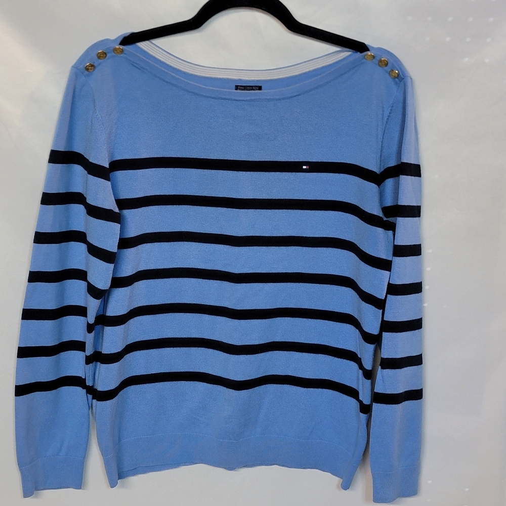 Tommy Hilfiger Prema Cotton Blend  Light Blue and Navy Striped Boatneck Sweater